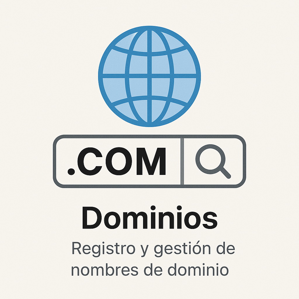 Icono de dominios web con globo azul y barra de búsqueda .COM