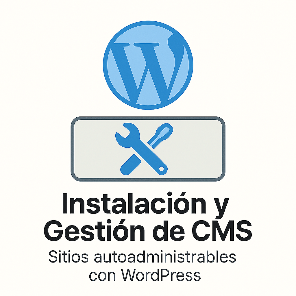 Icono de instalación y gestión de CMS con logotipo de WordPress y herramientas