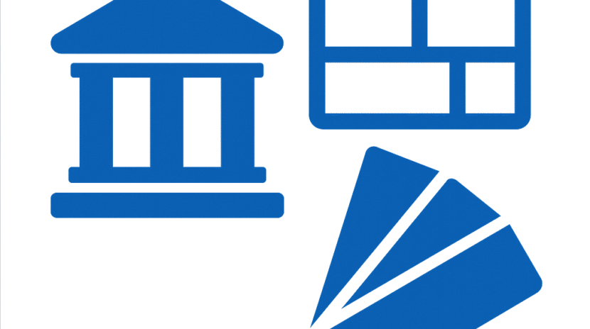 Icono azul que representa diseño institucional consistente con edificio clásico, cuadrícula y abanico de colores.