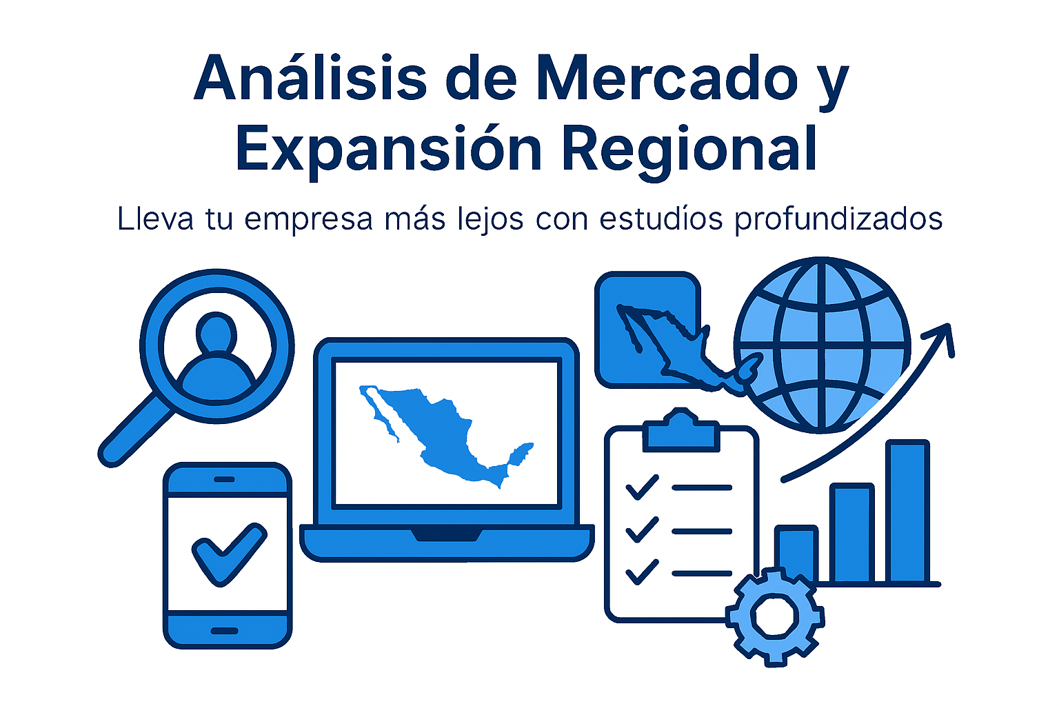 Ilustración de análisis de mercado y expansión regional con íconos de crecimiento, mapas y métricas, en colores institucionales de Mexivanza.