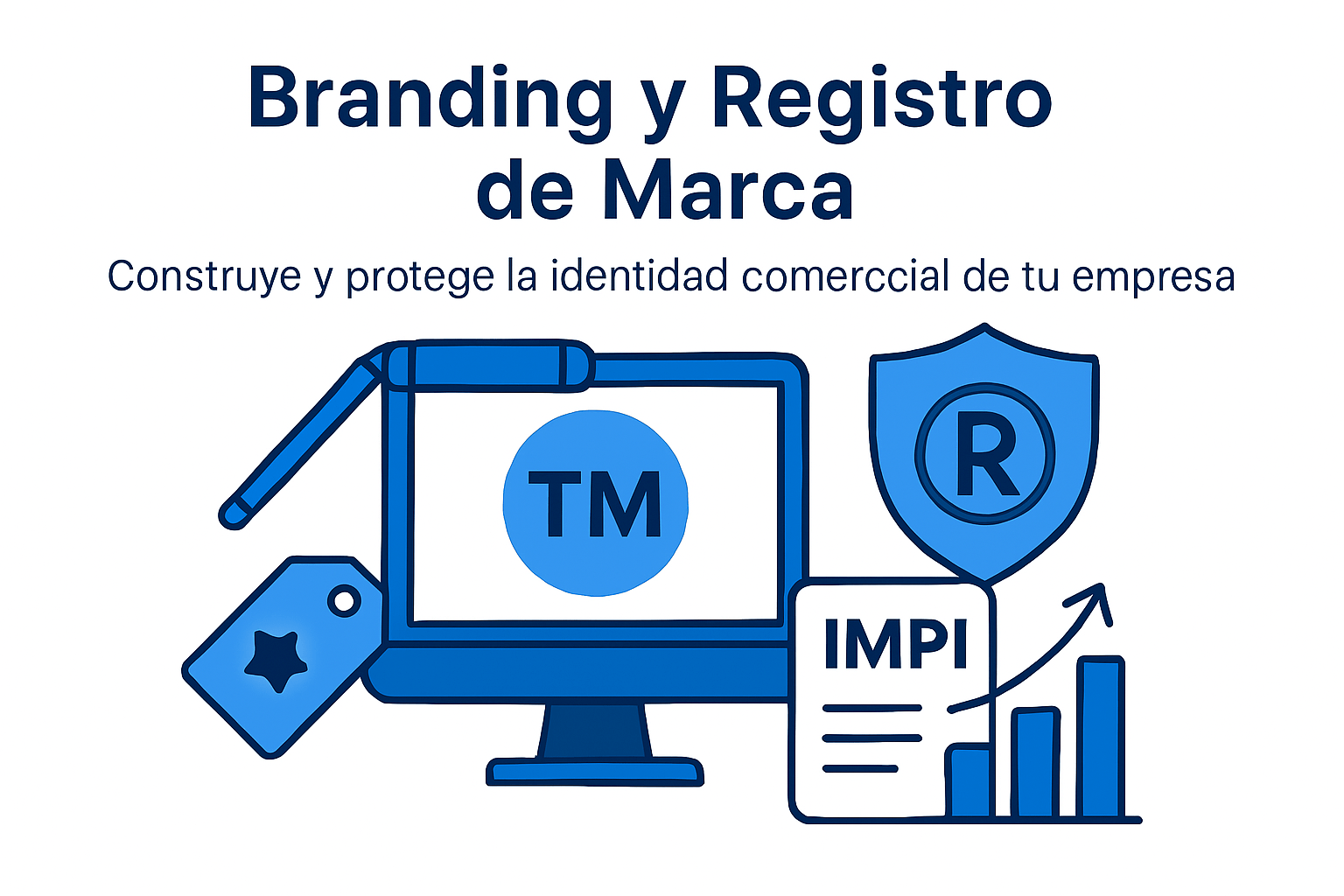 Ilustración sobre branding estratégico y registro de marca en México, con íconos de logotipo, protección legal y diseño visual.