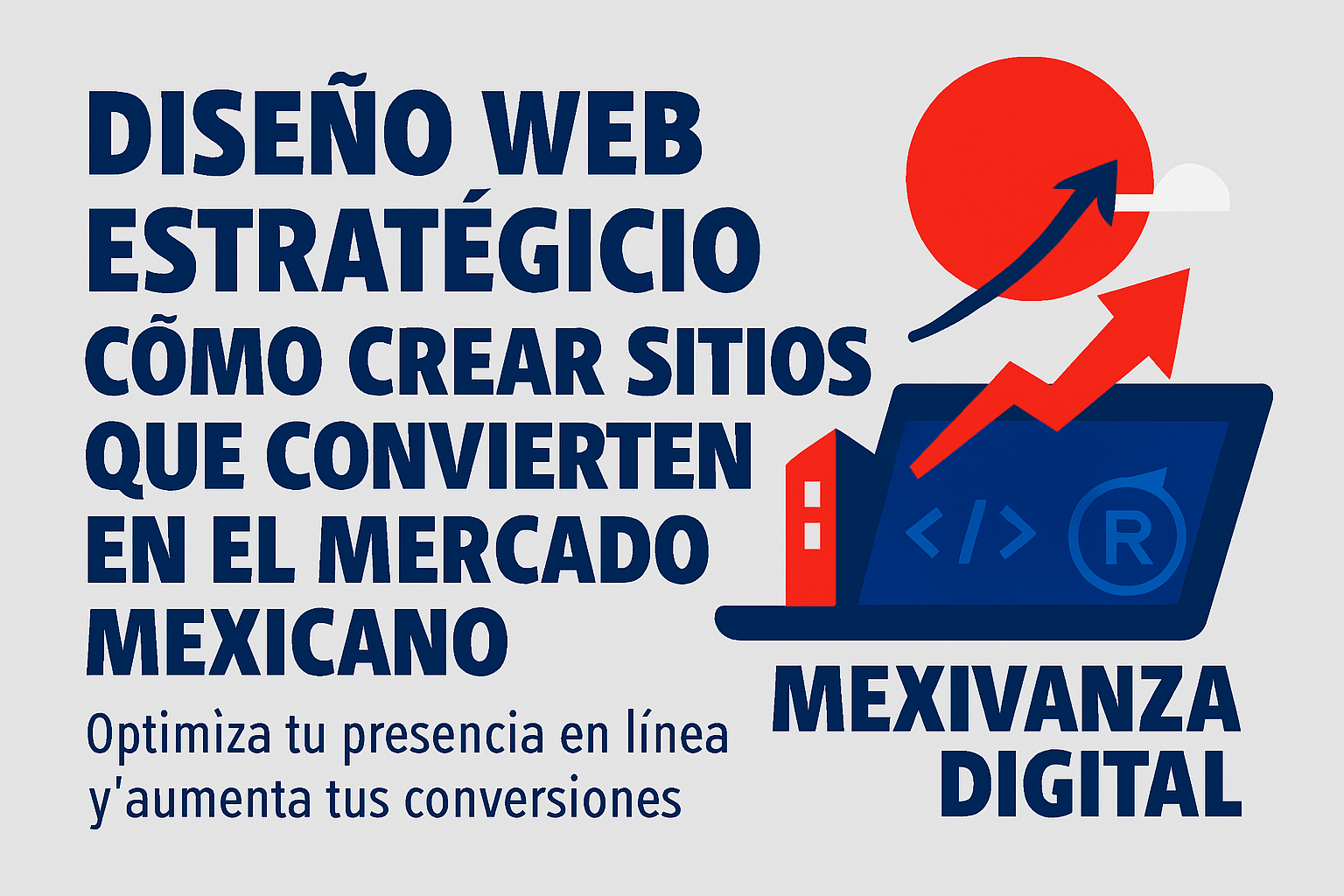 Banner sobre diseño web estratégico en México con ilustración de laptop, gráfico de conversión y elementos urbanos en colores institucionales.