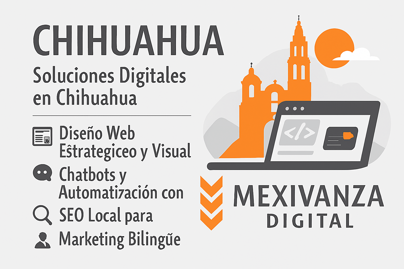 Banner de desarrollo web en Chihuahua con degradado gris claro y elementos digitales norteños