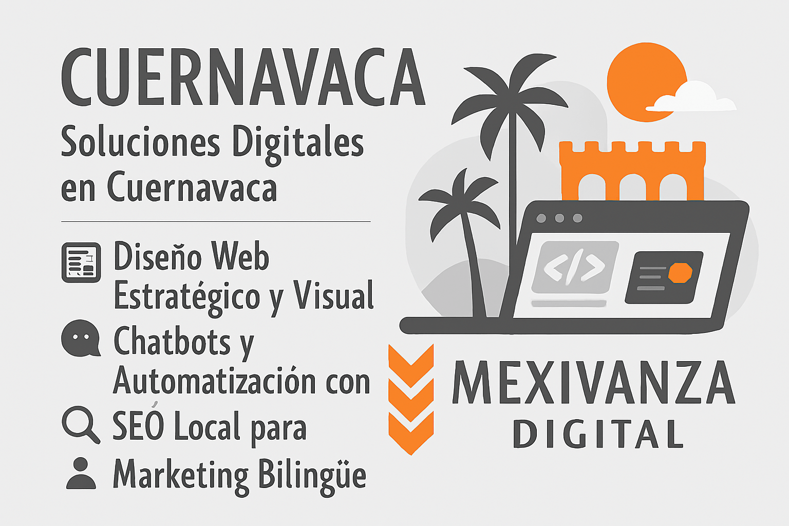 Banner digital de desarrollo web en Cuernavaca con fondo gris claro y elementos tecnológicos