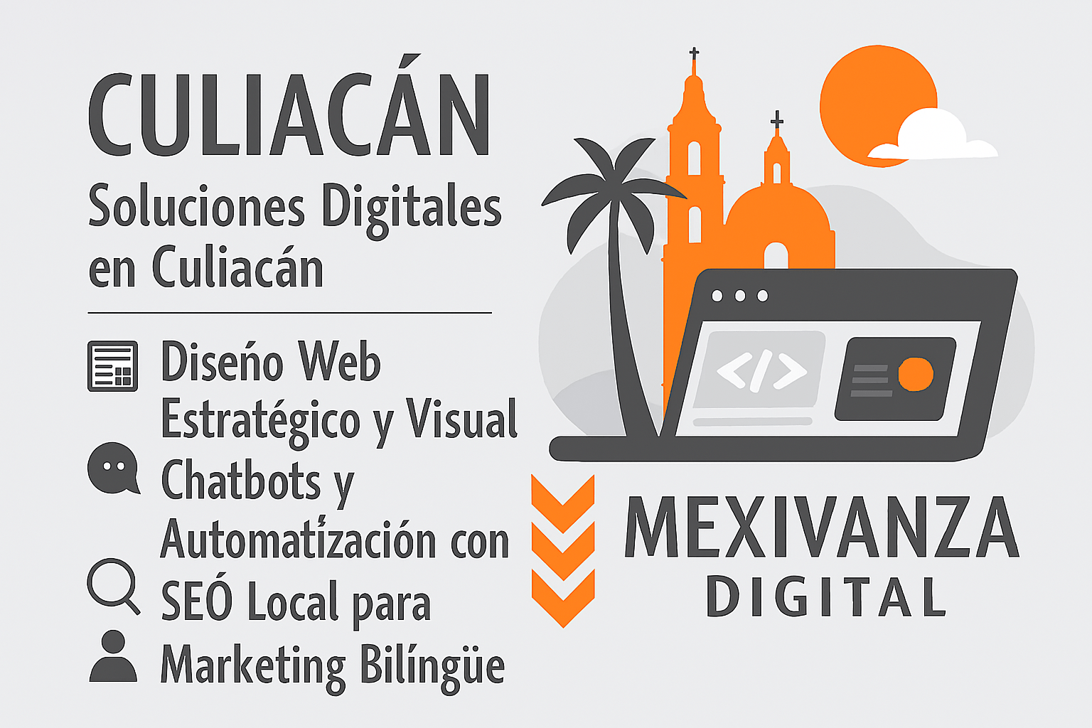 Banner de desarrollo web en Culiacán con degradado gris claro y elementos urbanos digitales