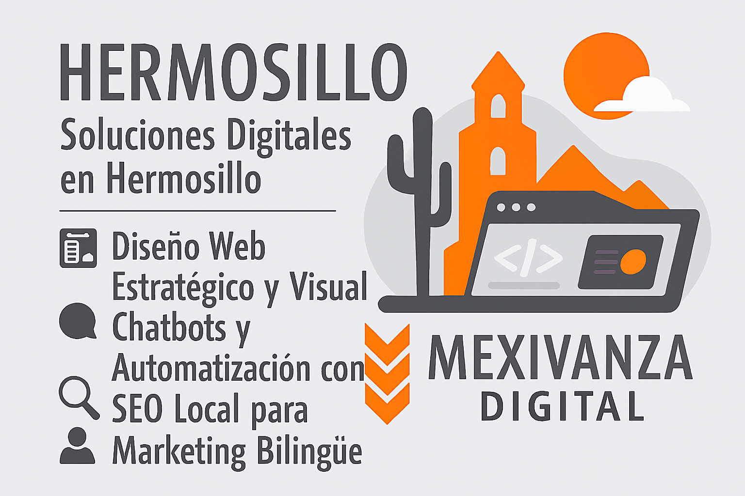 Banner digital para desarrollo web en Hermosillo con fondo gris claro y elementos tecnológicos