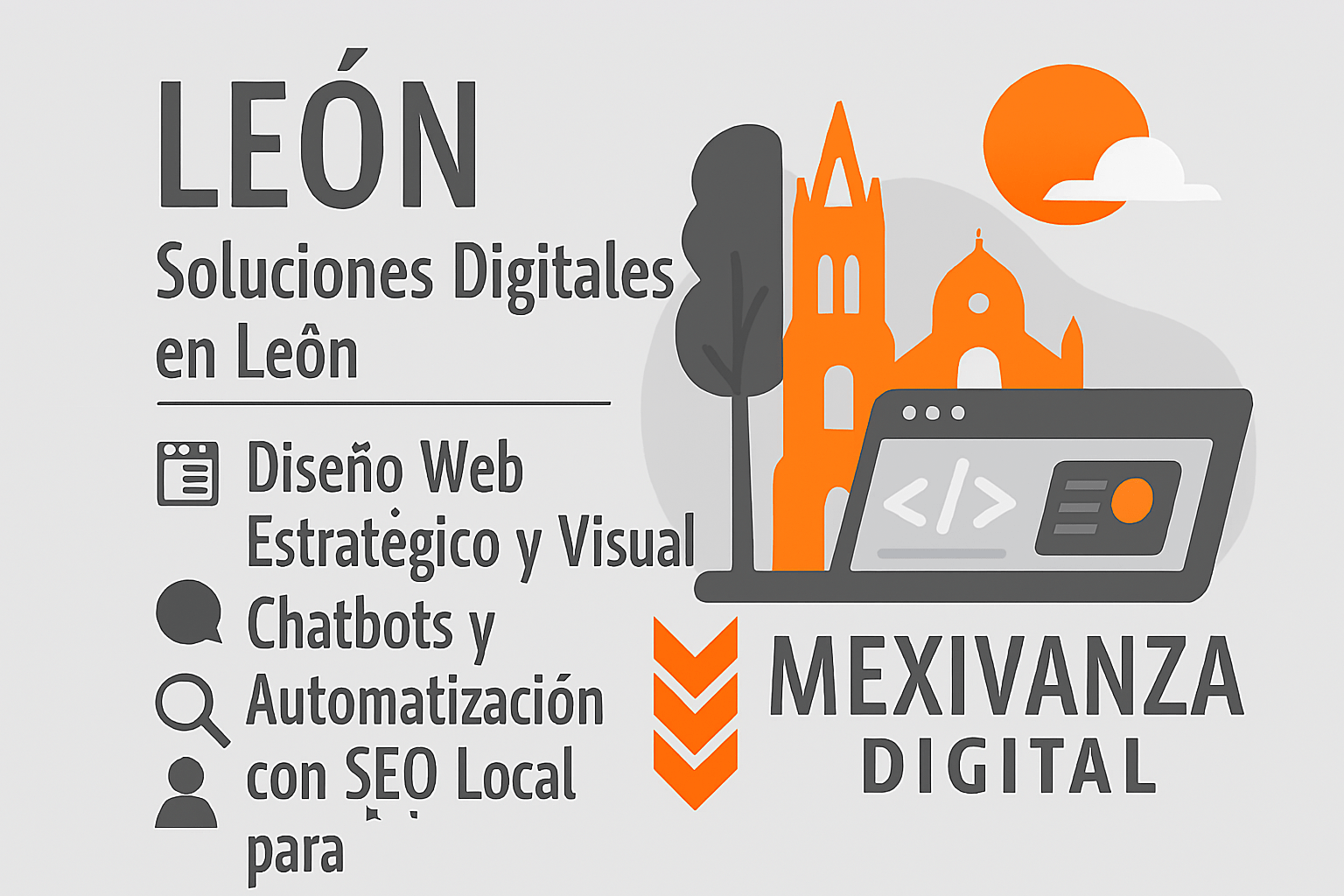 Banner digital para desarrollo web en León con fondo gris claro y elementos tecnológicos