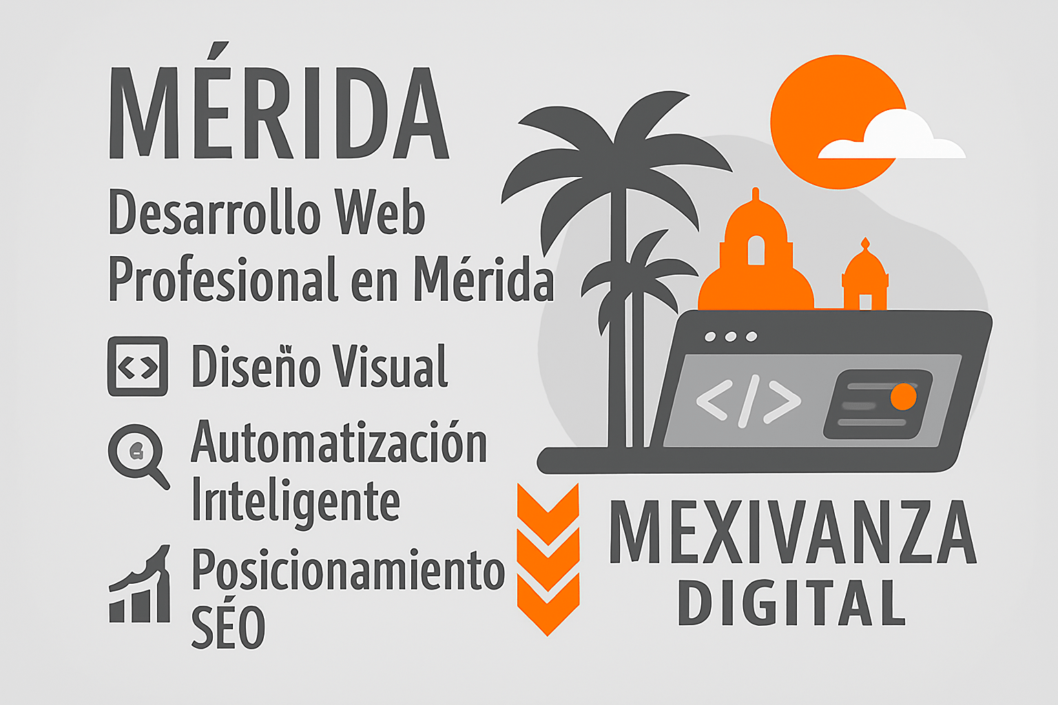 Banner digital para desarrollo web en Mérida con fondo gris claro y elementos tecnológicos