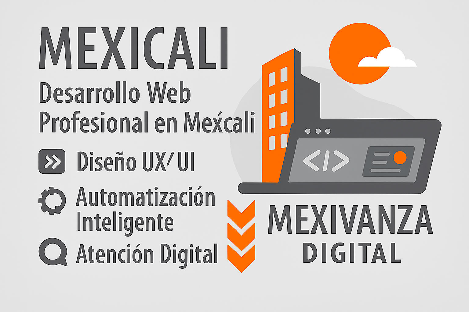 Banner digital para desarrollo web en Mexicali con fondo gris claro y elementos tecnológicos