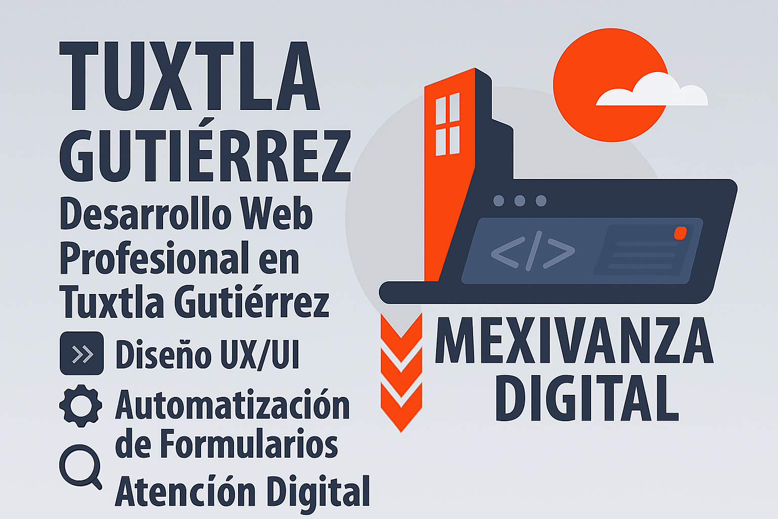 Banner de desarrollo web en Tuxtla Gutiérrez con fondo gris claro y elementos digitales modernos.