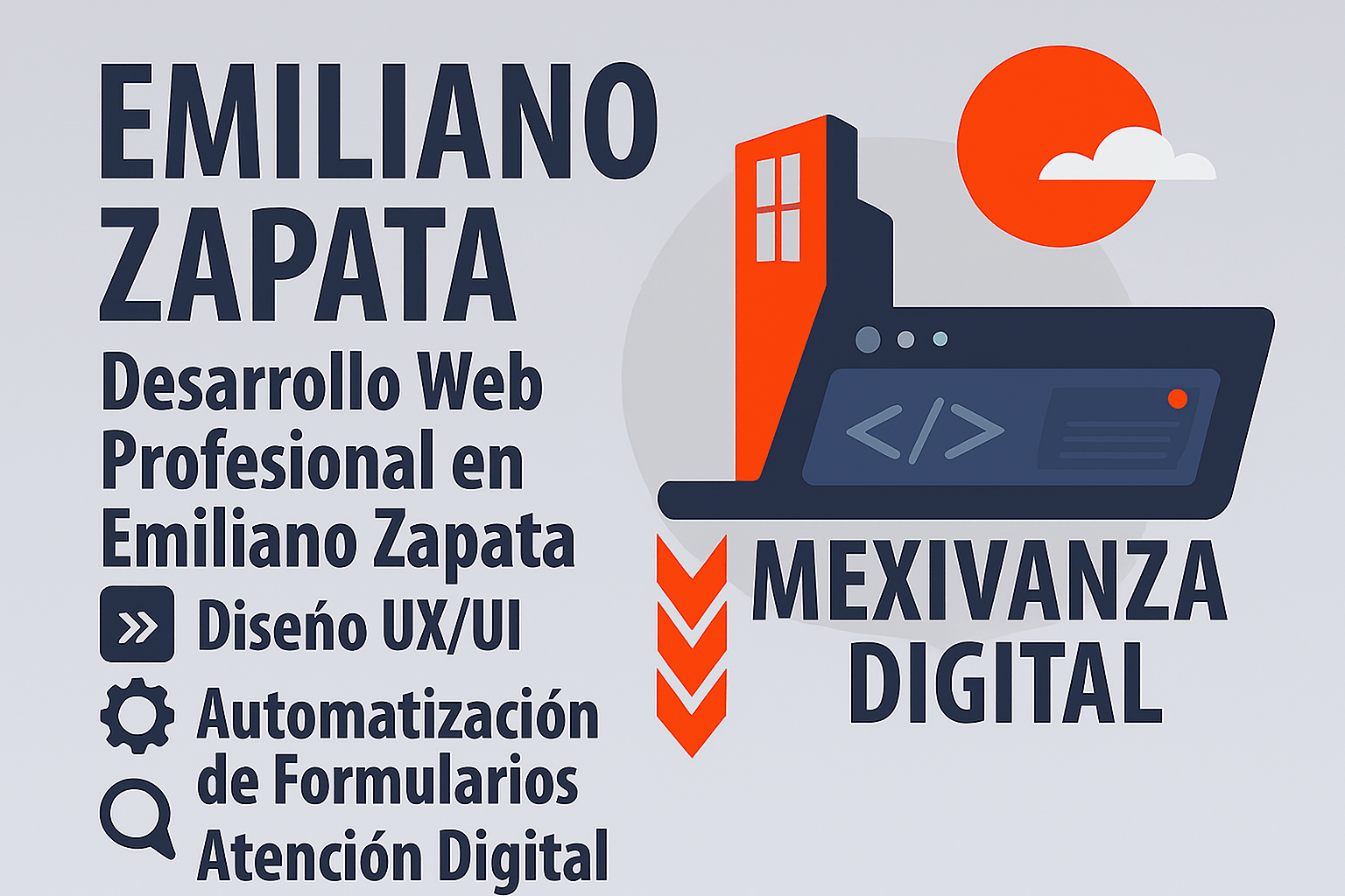 Banner de desarrollo web en Emiliano Zapata con fondo gris claro y elementos digitales modernos
