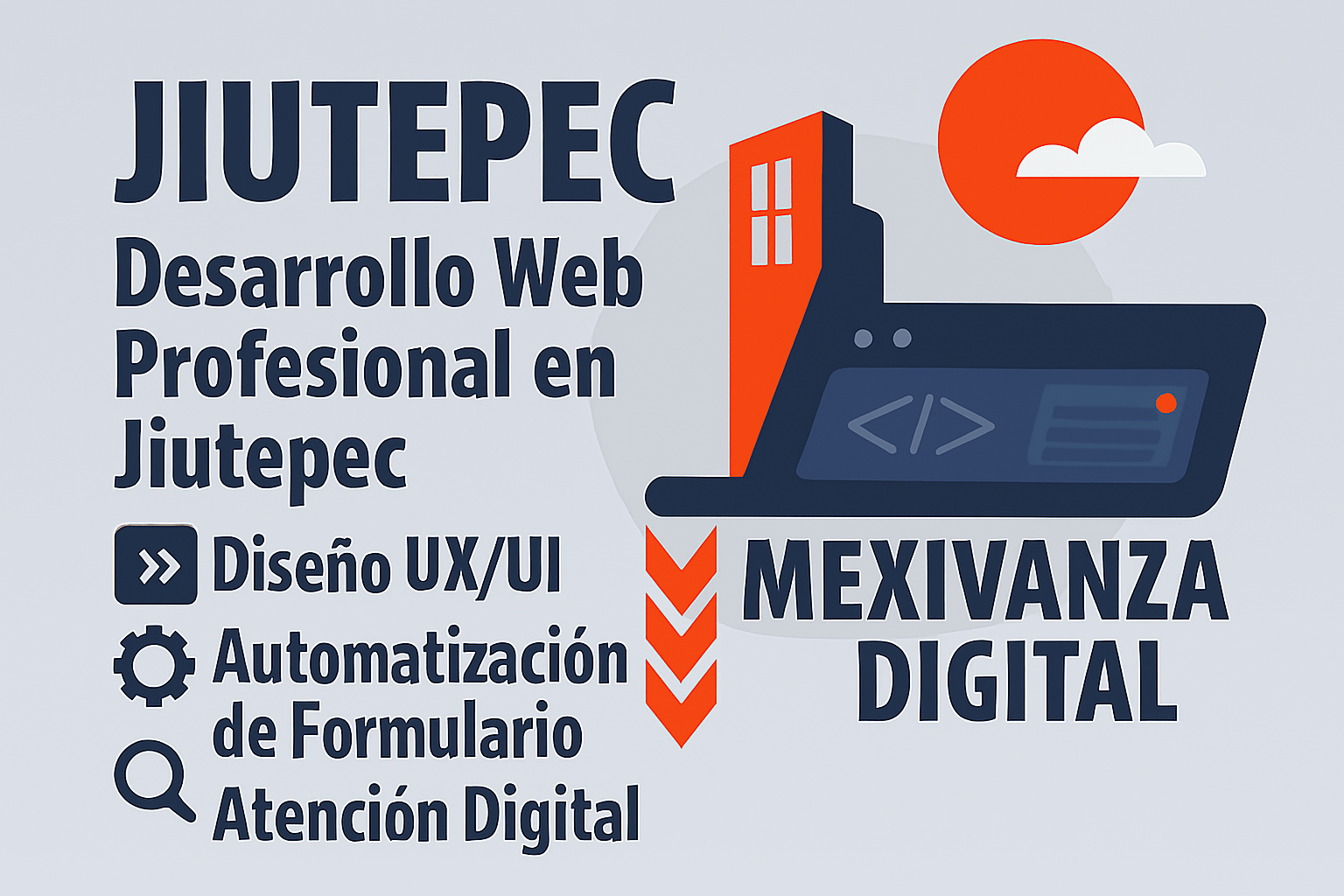 Banner para servicios de desarrollo web en Jiutepec con fondo gris claro y elementos digitales.