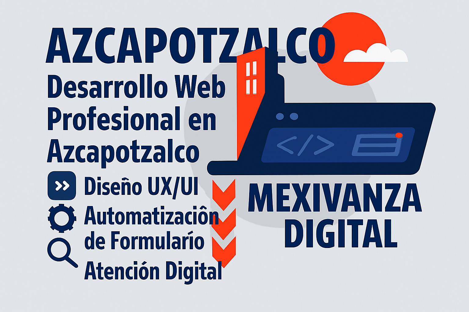 Banner de desarrollo web en Azcapotzalco con fondo gris claro, laptop ilustrada y elementos digitales.