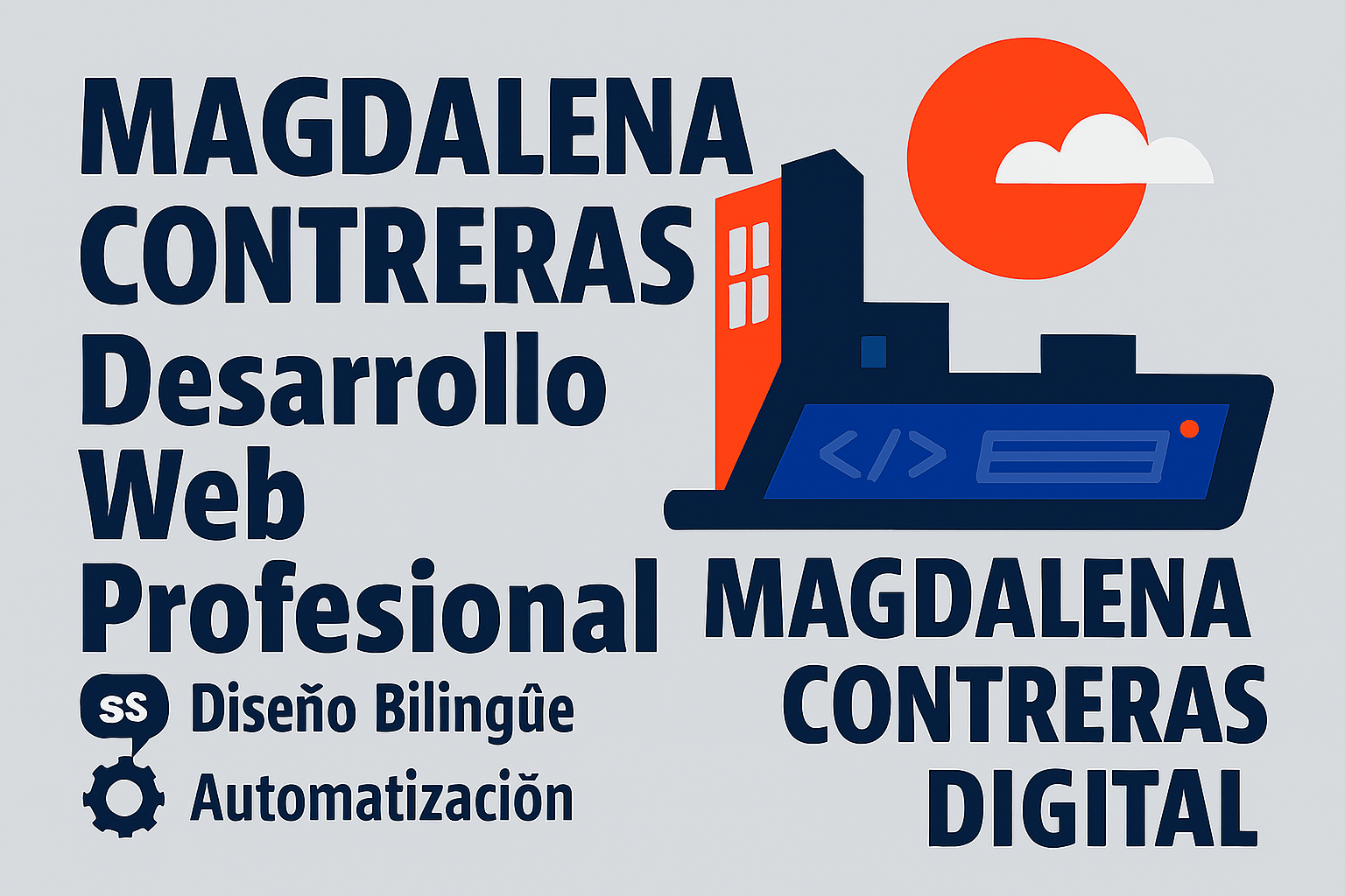 Banner para Magdalena Contreras web development site con fondo gris claro, ilustración de edificio y texto sobre servicios profesionales de desarrollo web.