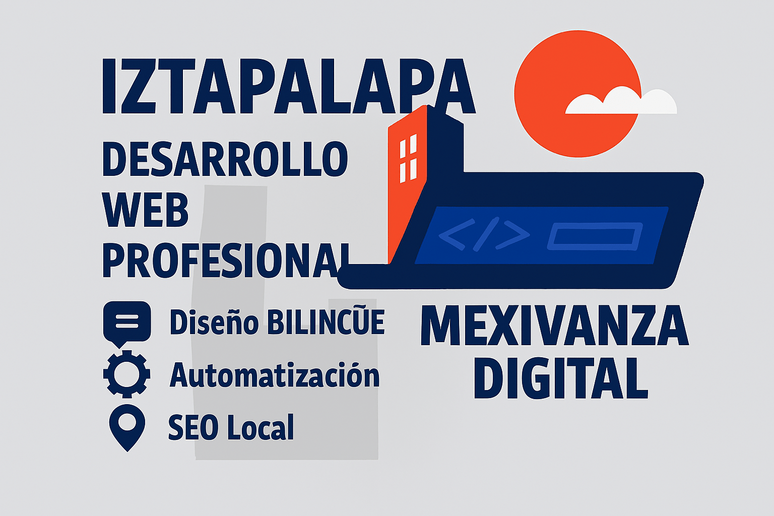 Banner de desarrollo web profesional en Iztapalapa, con fondo gris claro y elementos digitales.