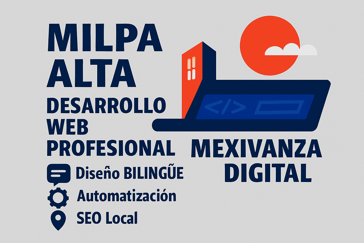 Banner de desarrollo web para Milpa Alta, CDMX, con fondo gris claro y elementos digitales.