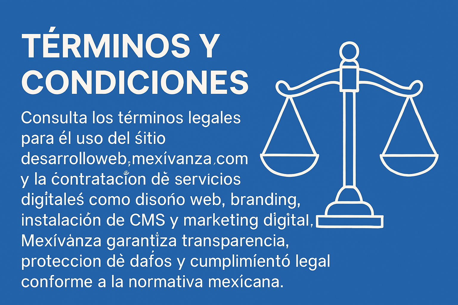 Banner azul con texto sobre términos legales y una ilustración de balanza representando justicia.