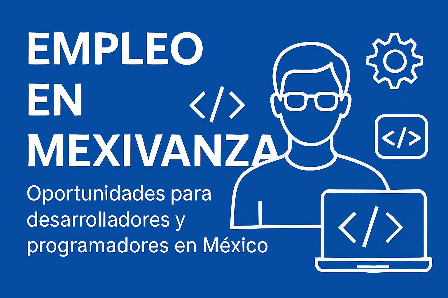 Banner azul con íconos de programación y figura de desarrollador, acompañado del texto “Empleo en Mexivanza”.