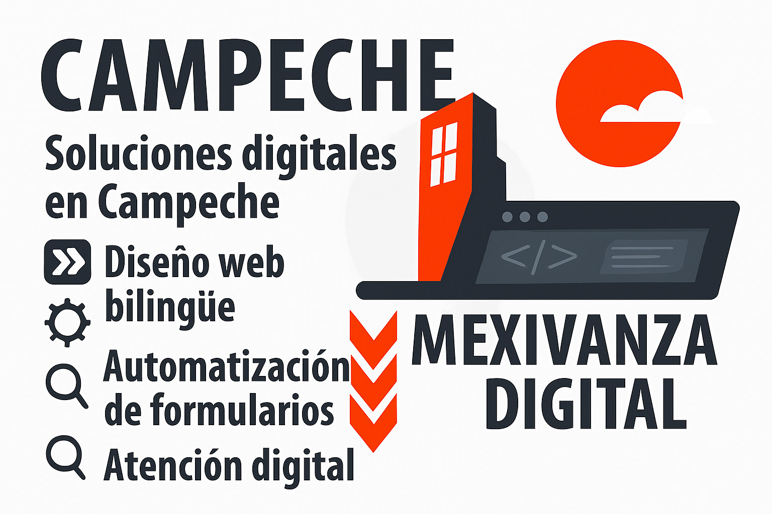 Banner de Mexivanza para Campeche con íconos de servicios digitales y una ilustración de edificio y laptop.