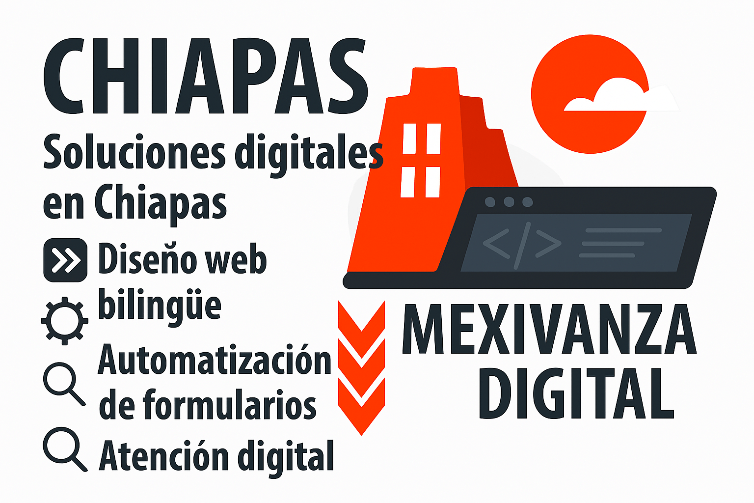 Banner de Mexivanza para Chiapas con íconos de servicios digitales y una ilustración de edificio y laptop.