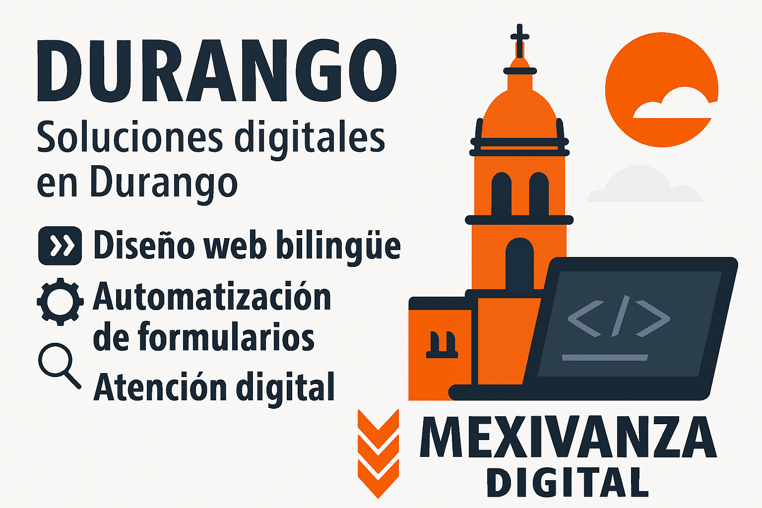 Banner de Mexivanza para Durango con torre colonial, laptop y servicios digitales.