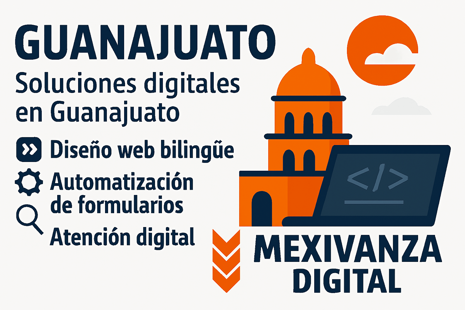 Banner de Mexivanza para Guanajuato con edificio colonial, sol y laptop mostrando código.