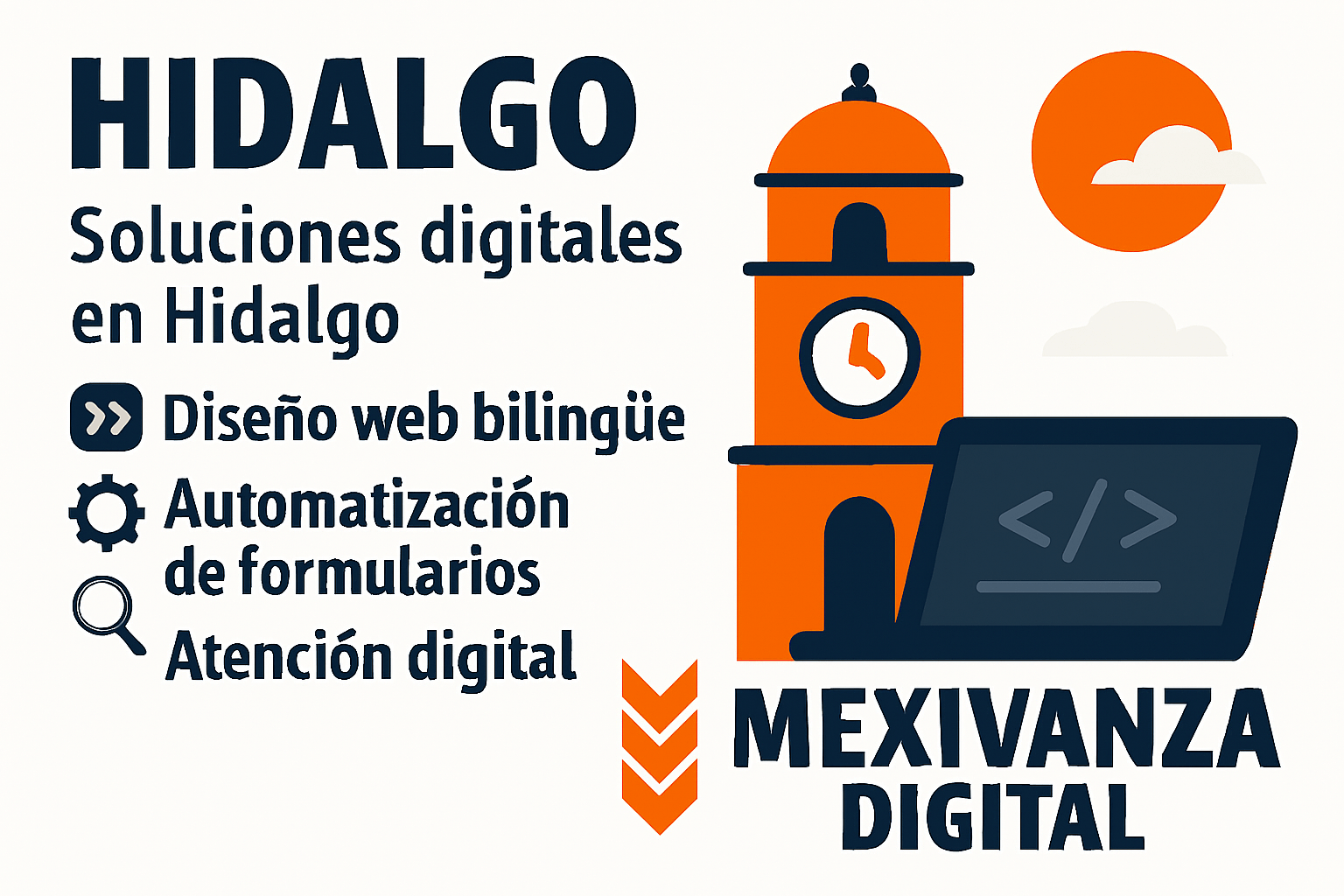 Banner de Mexivanza para Hidalgo con Torre del Reloj de Pachuca, sol y laptop mostrando código.
