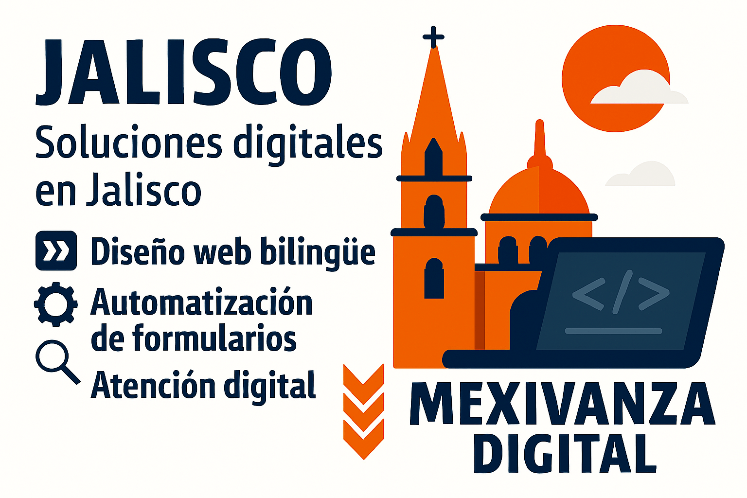 Banner de Mexivanza para Jalisco con silueta de la Catedral de Guadalajara, sol y laptop mostrando código.