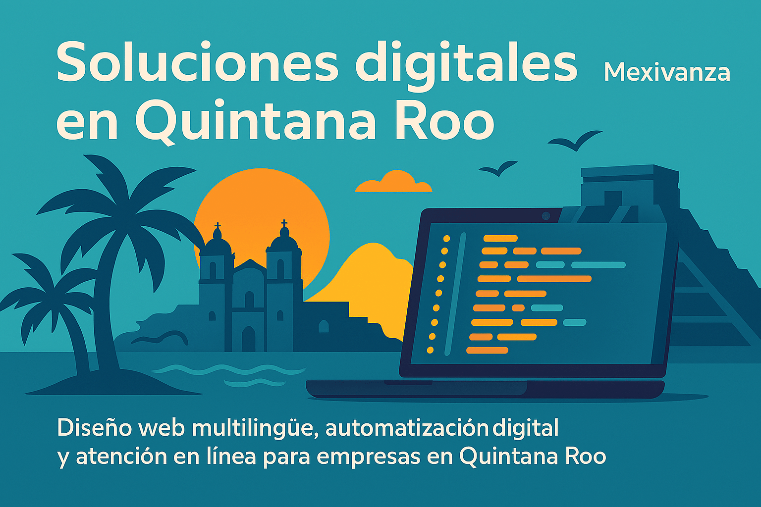 Banner de Mexivanza para Quintana Roo con silueta de las ruinas de Tulum, palmeras y mar turquesa.