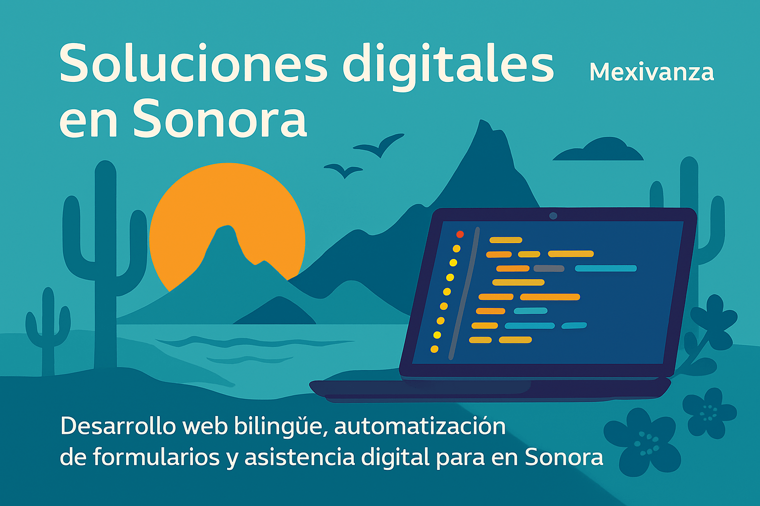 Banner de Mexivanza para Sonora con silueta de cactus del desierto, la Sierra Madre Occidental y el Mar de Cortés al atardecer.