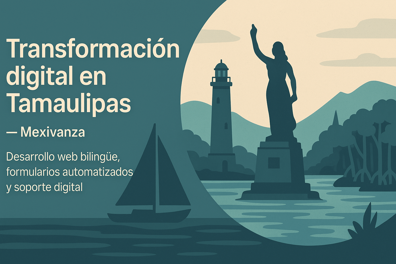 Banner de Mexivanza para Tamaulipas con costas del Golfo, cerros de la Sierra Madre, huertos de cítricos y arquitectura colonial en tonos azules y verdes.