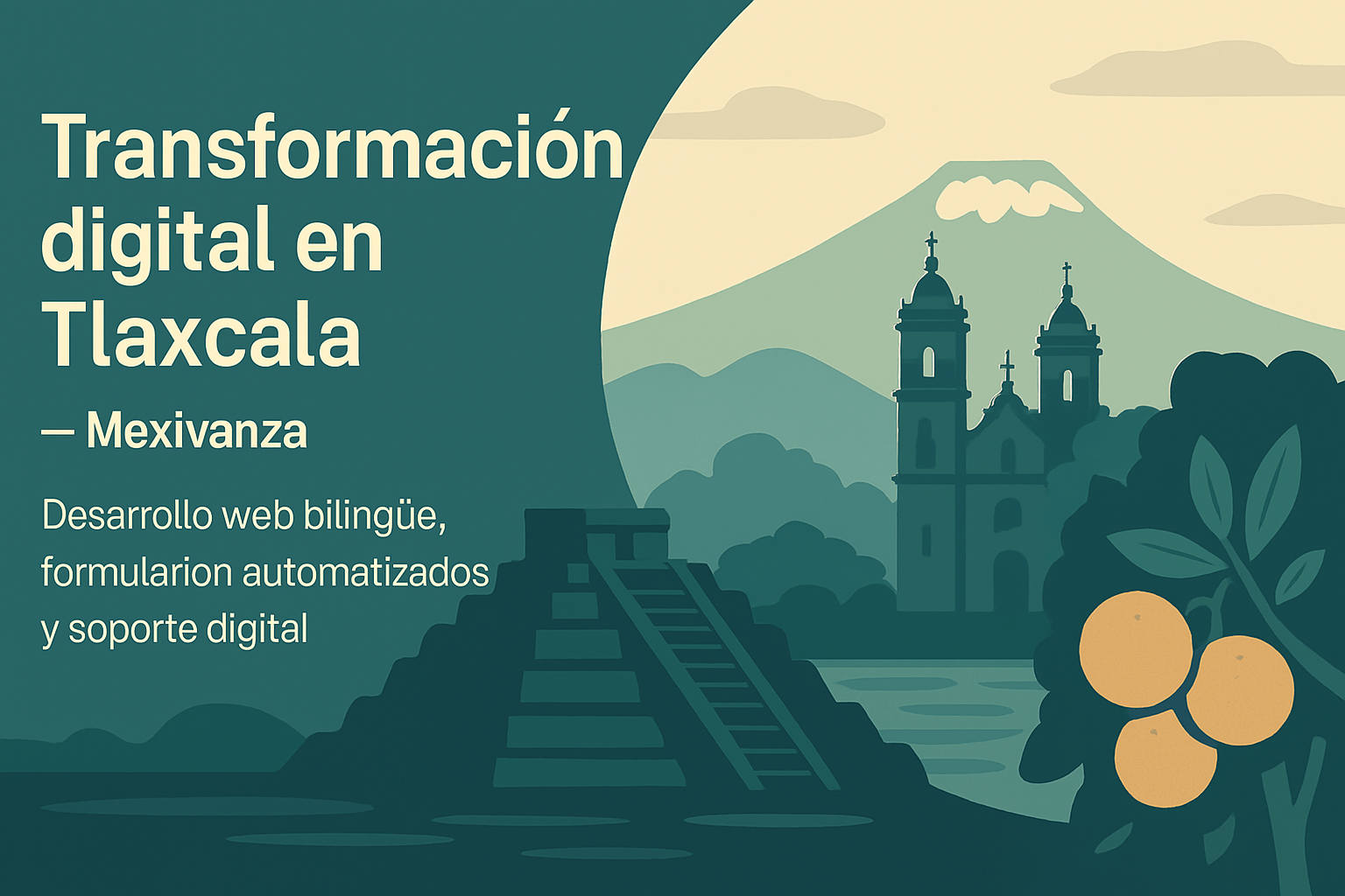 Banner de Mexivanza para Tlaxcala con la pirámide de Xochitécatl, el volcán La Malinche y patrones textiles tradicionales en tonos rojos y grises.
