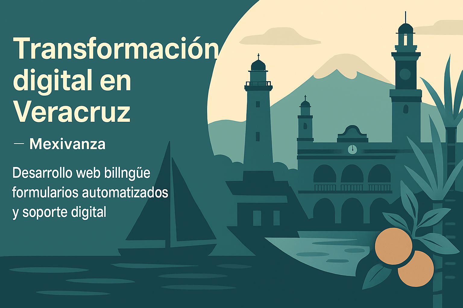 Banner de Mexivanza para Veracruz con la costa del Golfo de México, selvas tropicales, plantaciones de café y arquitectura colonial en tonos vibrantes de verde y azul.
