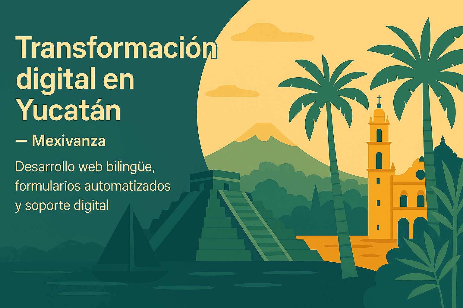 Banner de Mexivanza para Yucatán con cenotes, ruinas mayas, flamencos y haciendas coloniales en tonos coral y turquesa.
