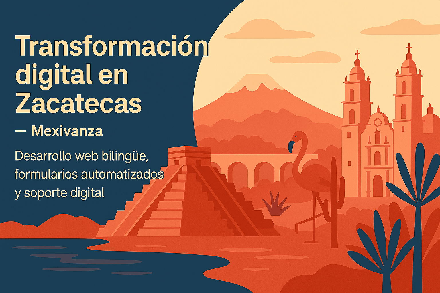 Banner de Mexivanza para Zacatecas con arquitectura colonial, minas de plata, paisajes desérticos y motivos culturales vibrantes en tonos cálidos.