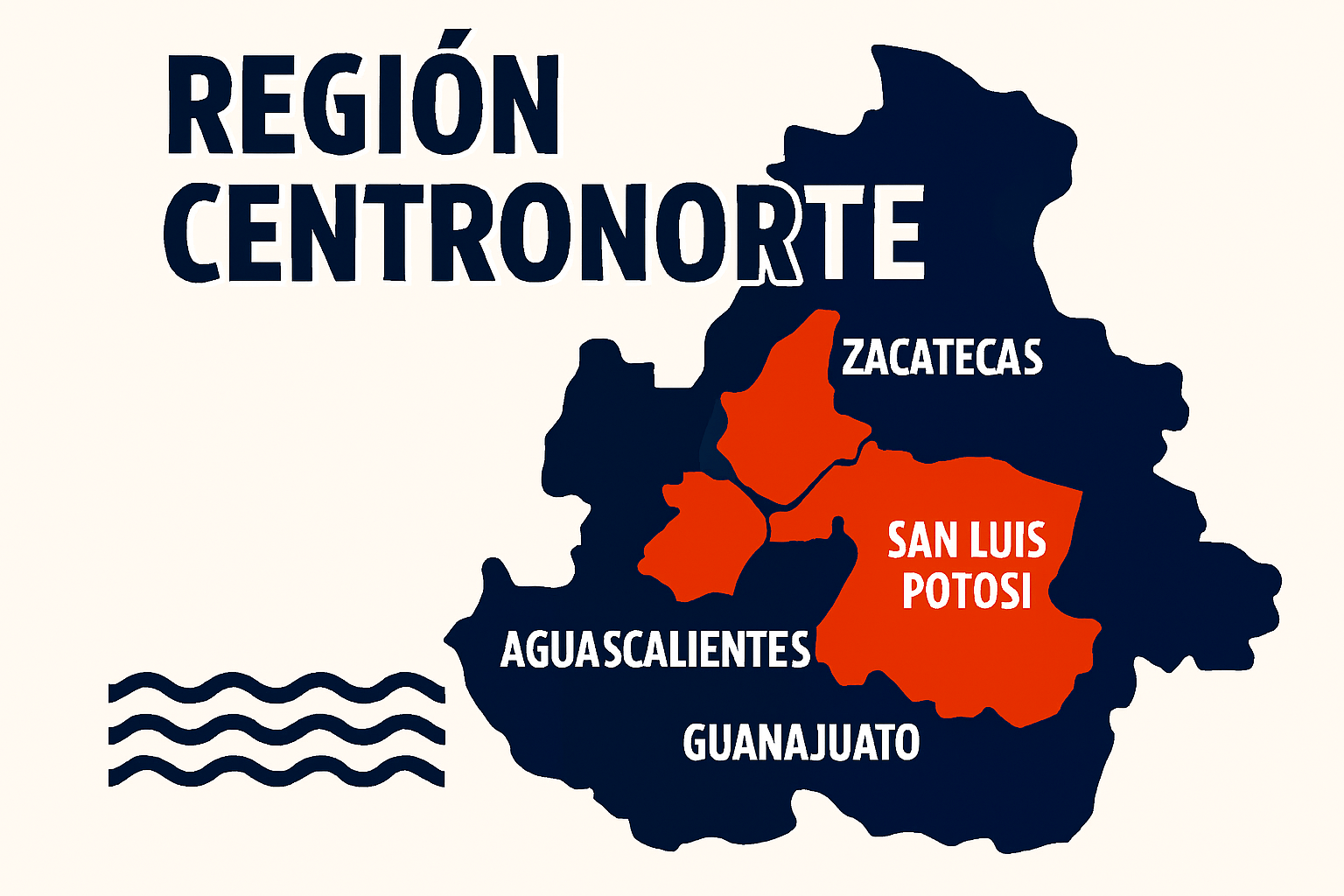 apa de la Región Centronorte de México mostrando Aguascalientes, Guanajuato, Hidalgo, Querétaro y San Luis Potosí.