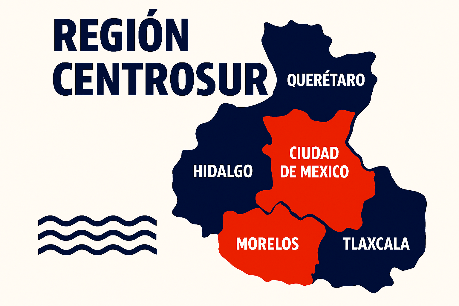 Mapa de la Región Centrosur de México mostrando Ciudad de México, Estado de México, Morelos, Puebla y Tlaxcala.