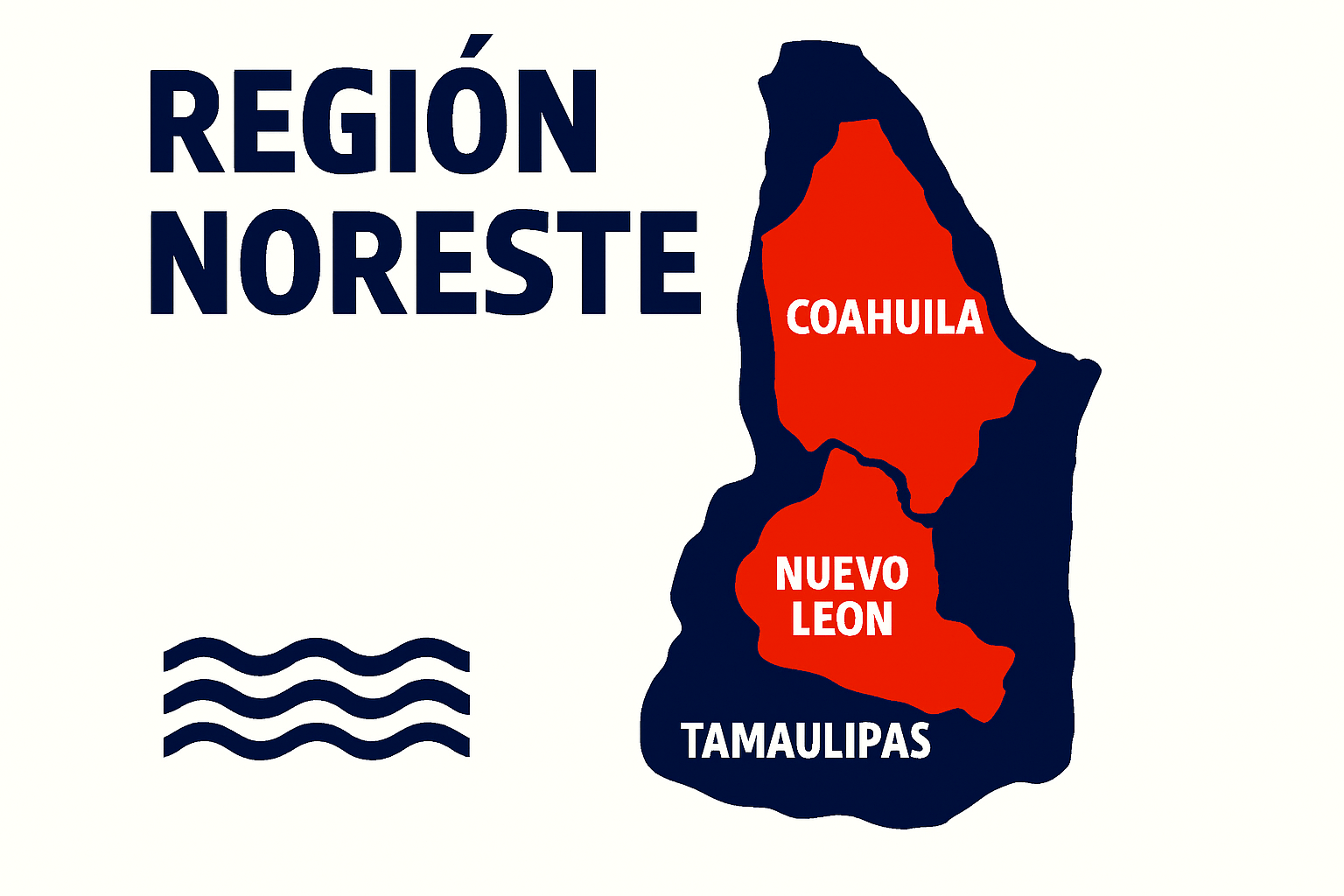 Mapa de la Región Noreste de México mostrando Coahuila, Nuevo León y Tamaulipas.