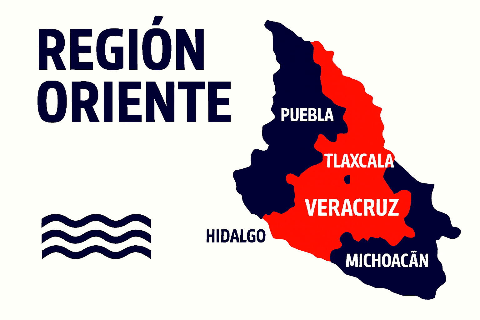 Mapa estilizado de la Región Oriente de México resaltando Tamaulipas, San Luis Potosí, Veracruz, Puebla e Hidalgo con colores corporativos sobre un fondo con degradados sutiles.