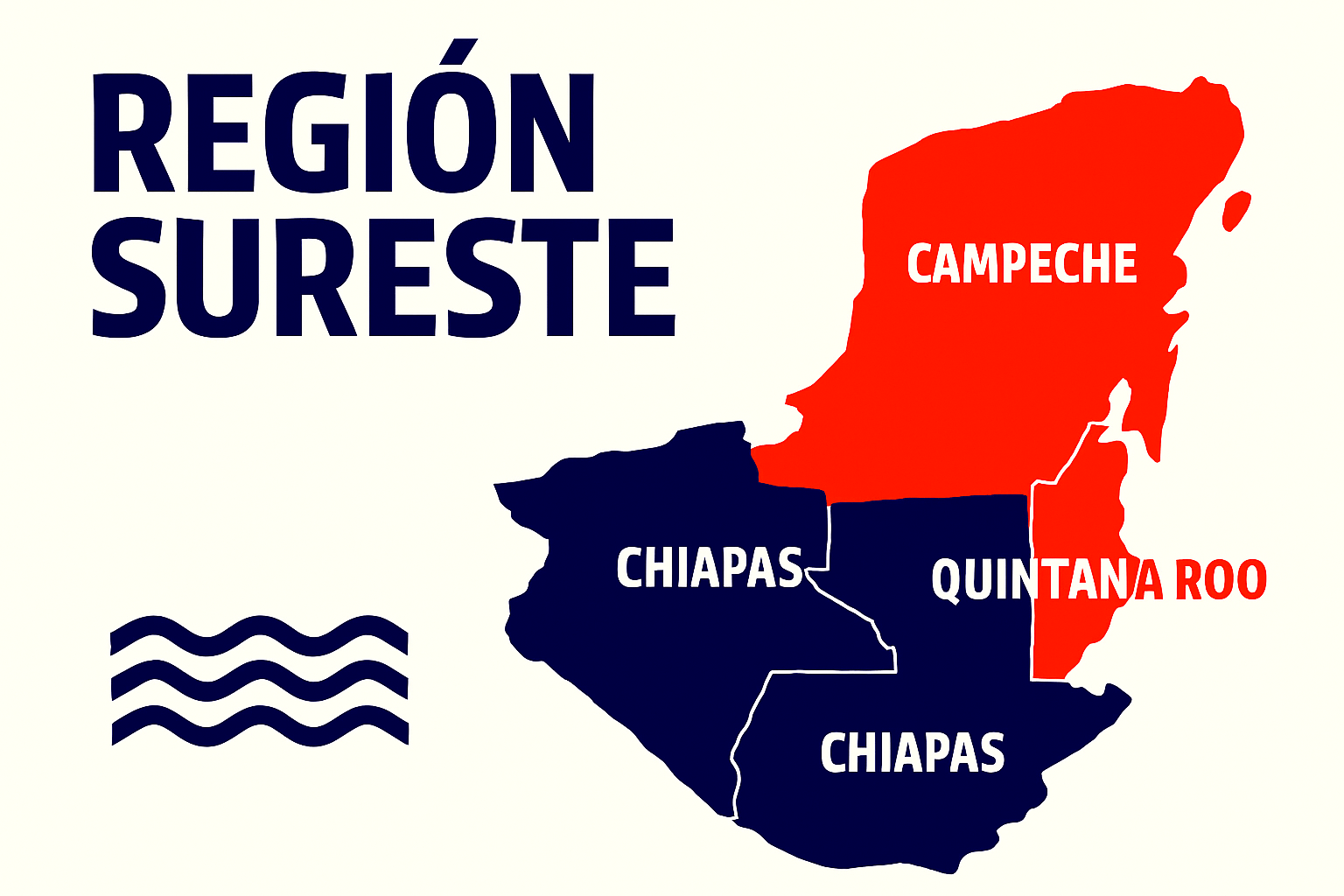 Mapa de la Región Sureste de México con los estados Campeche, Chiapas, Quintana Roo, Tabasco y Yucatán resaltados.